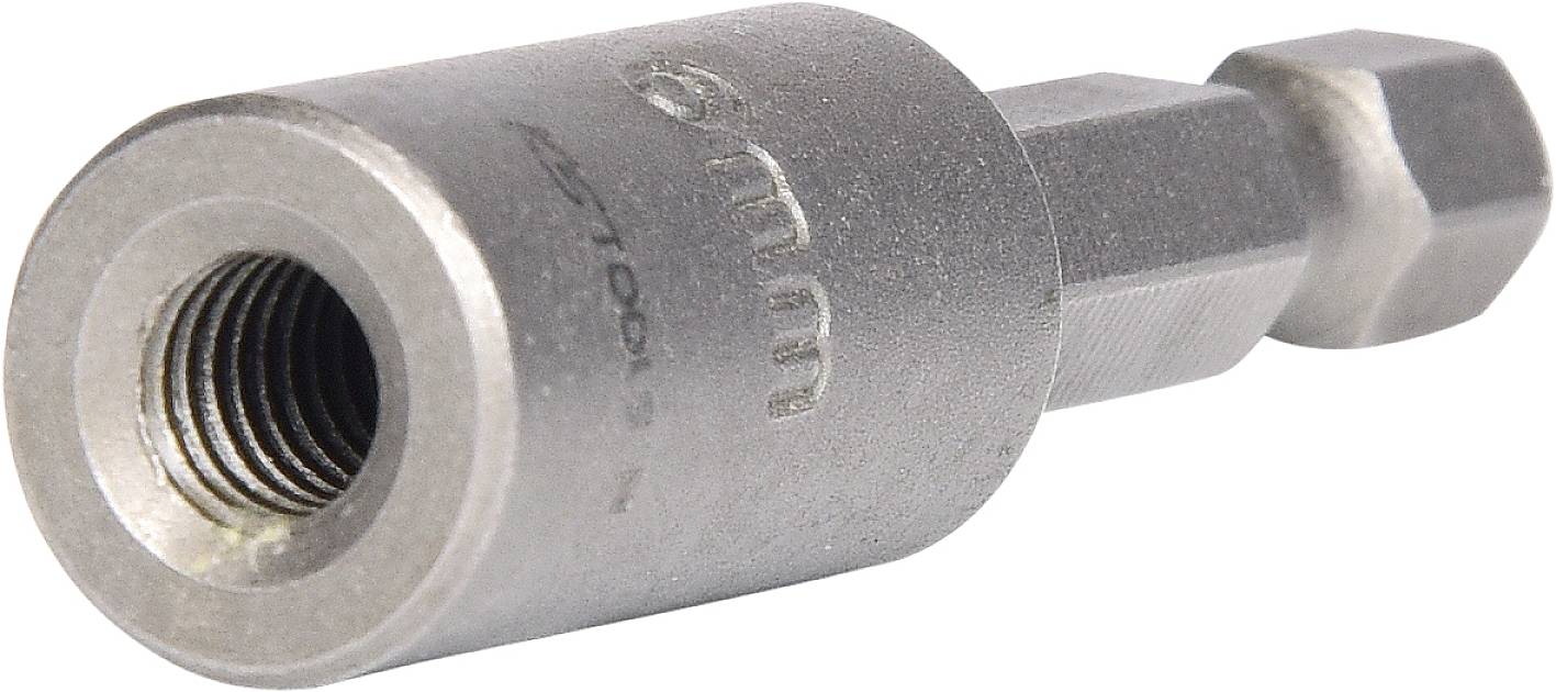 Šestihranný šroubovací nástavec z kovu s gravírováním '6 mm'.