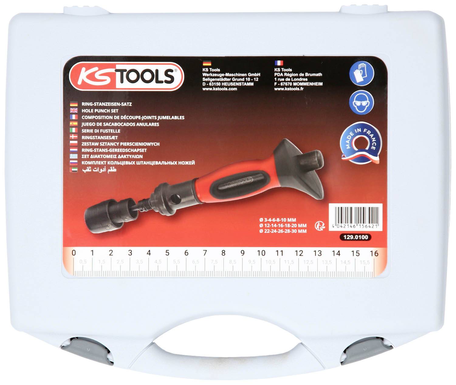 Plastový kufřík s logem KS Tools obsahuje sadu nástrčných klíčů. Samolepka zobrazuje produktové informace v různých jazycích.