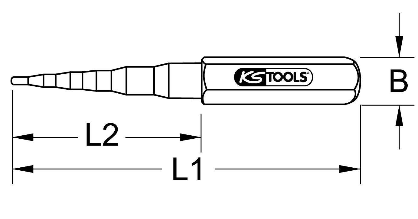 Stupňovité výstružníky KS Tools. Černobílé schéma s rozměry. Zobrazuje dvě délky L1, L2 a šířku B nástroje.