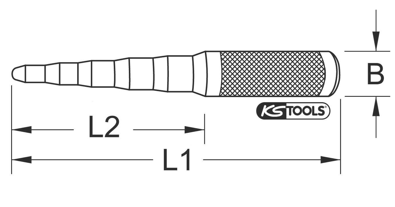 Technický výkres odstupňovaného zrna s vyznačenými délkami L2, L1 a šířkou B. Logo 'KS TOOLS' je viditelné.
