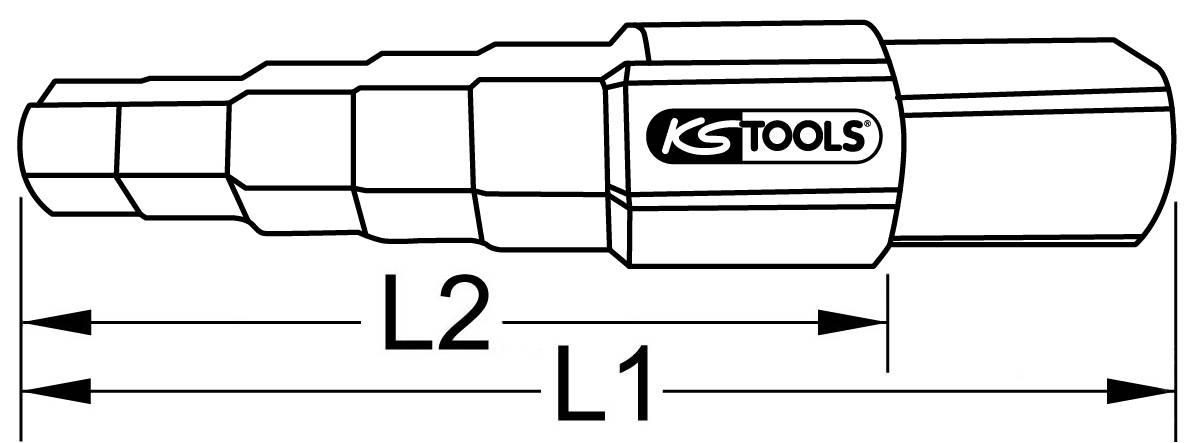 Nástavec na nářadí se stupňovanými průměry a délkovými údaji L1 a L2. Logo značky 'KS Tools' viditelné na straně.