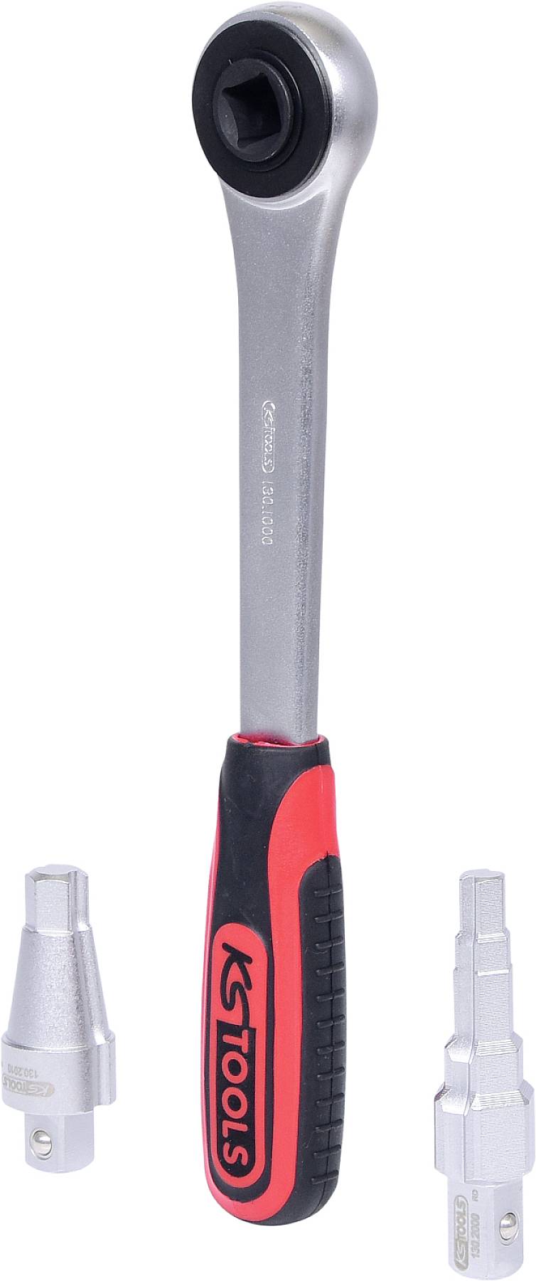 Ráčna 'KS Tools' s červeným a černým držadlem, zobrazená vedle dvou vyměnitelných nástrčných klíčů.