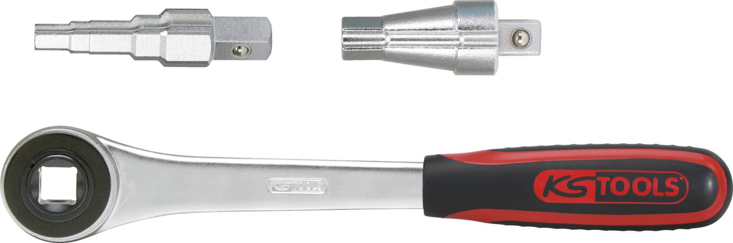 'KS TOOLS Ráčna s ergonomickou rukojetí a dvěma vyměnitelnými nástrčnými klíči. Vhodná pro různé šroubovací práce.'