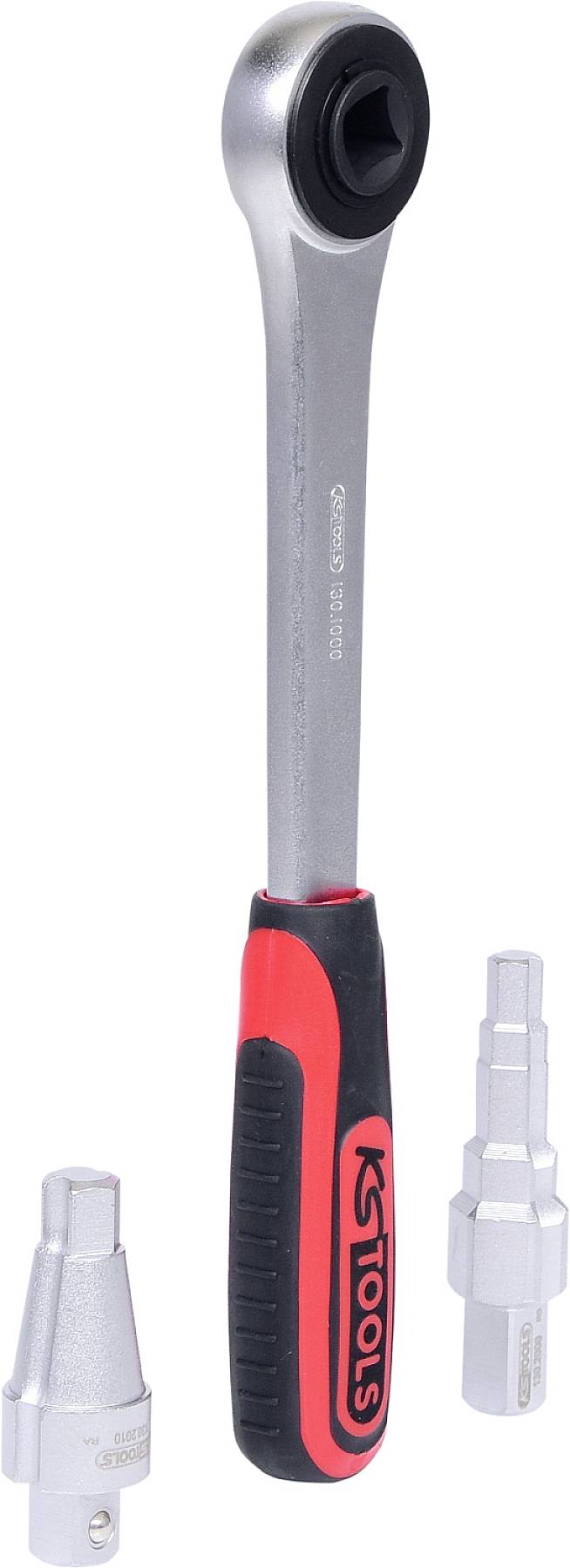 Ráčna KS Tools s ergonomickou rukojetí a dvěma nástrčnými klíči. Nástroj určený k ručnímu utahování nebo uvolňování šroubů.