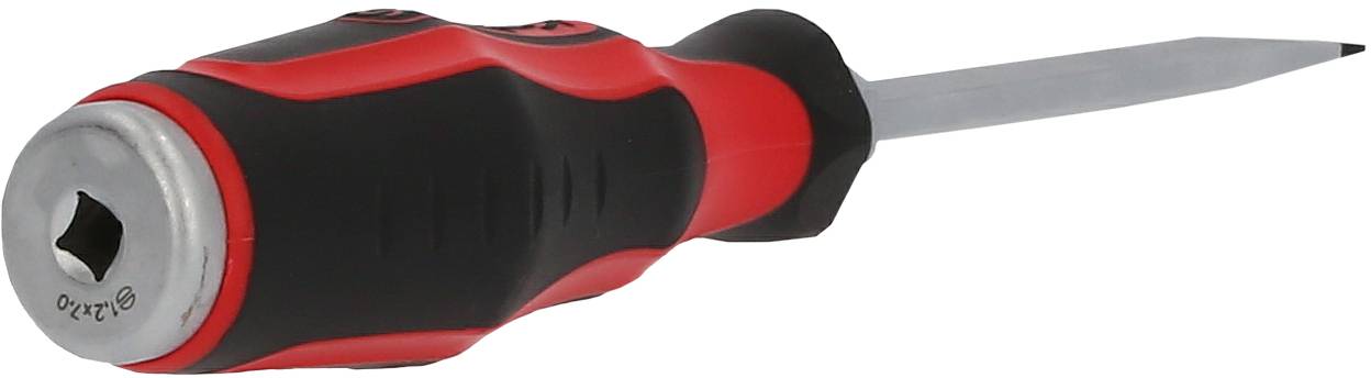 Červeno-černý šroubovák s ergonomickou rukojetí leží šikmo na povrchu, špička směřuje doprava.