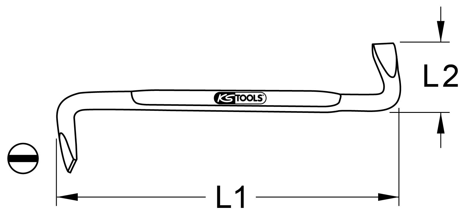 Černobílý náčrt páky s dvěma zahnutými konci. Značky označují délku L1 a výšku L2. Logo 'KS TOOLS' uprostřed.