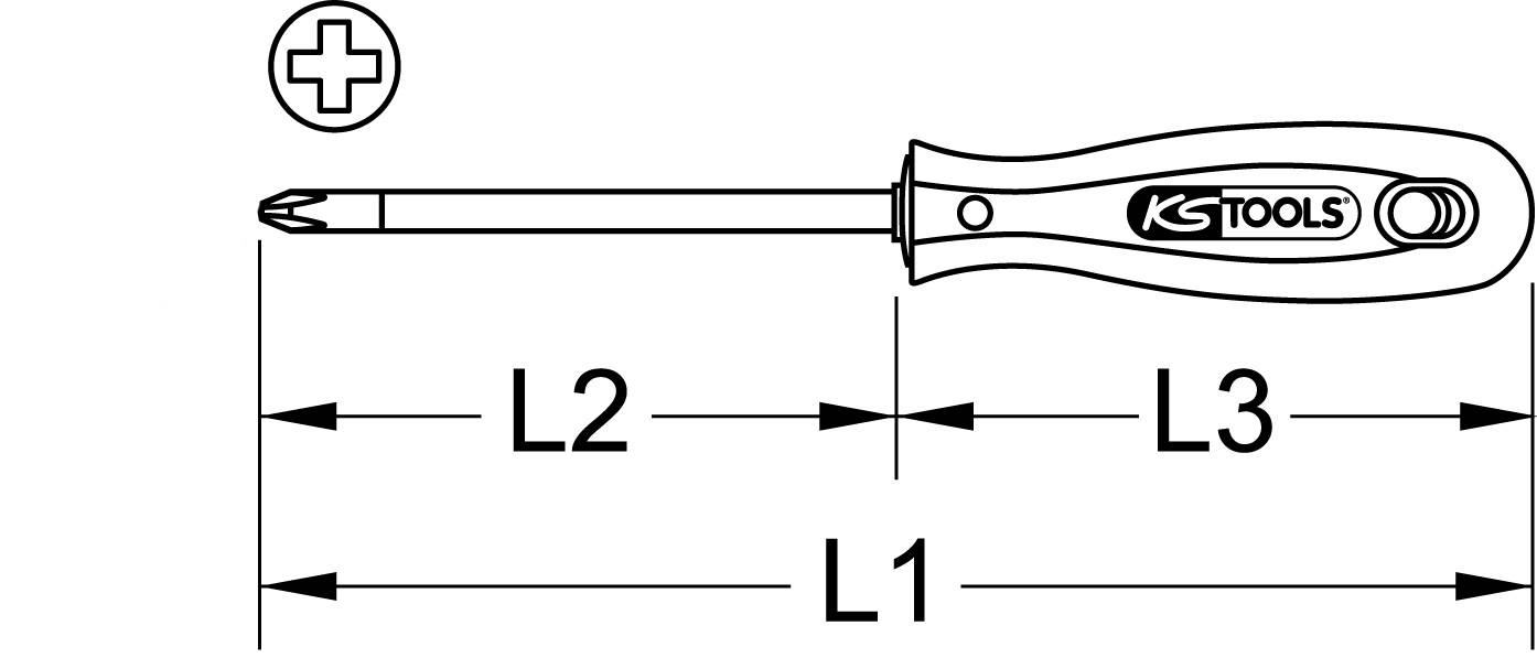 Diagram šroubováku s křížovou hlavou s vyznačenými délkami L1, L2 a L3. Vpravo nahoře je logo 'KS TOOLS'.
