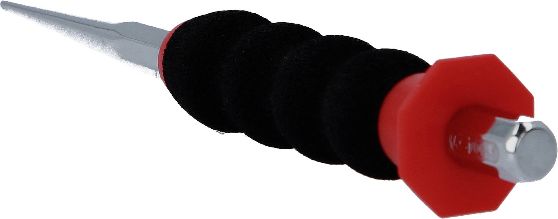 Červený a černý ergonomický úchyt s kovovým hrotem, pravděpodobně nástroj nebo rukojeť pro speciální použití.