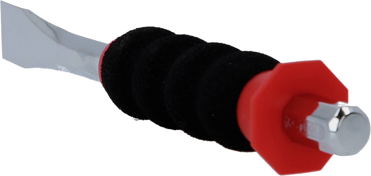 Nástrojová rukojeť s červeným víčkem a stříbrným dříkem, s černou pěnovou rukojetí pro lepší úchop.