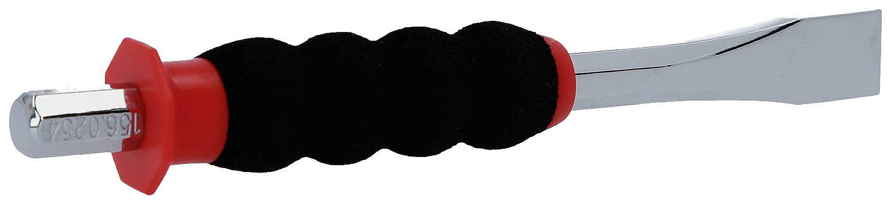 Šroubovák s černou rukojetí a červeným proužkem, vhodný pro práci se šestihrannými šrouby.