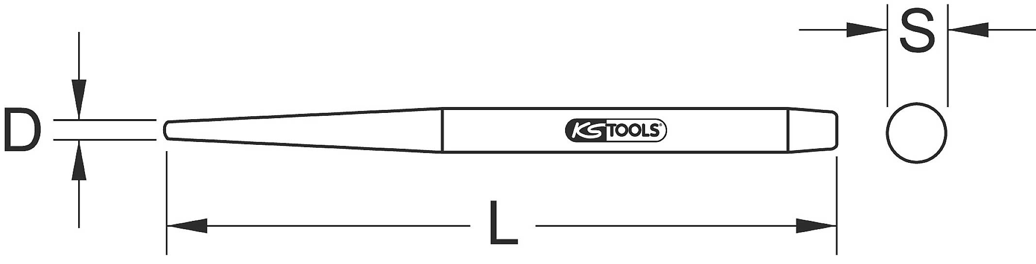 Nákres paralelního vytahovacího trnu značky KS Tools s rozměry D, L a S.