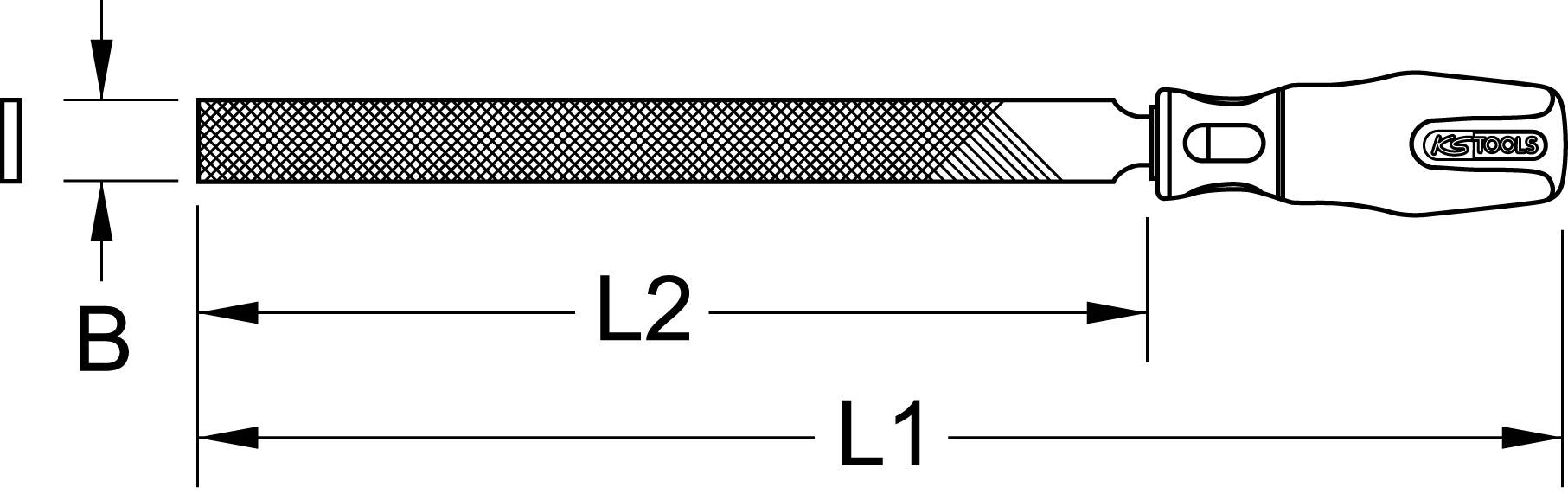 Diagram souboru s rozměry. Délka L1 a L2 a šířka B jsou vyznačeny. Obsahuje rukojeť.