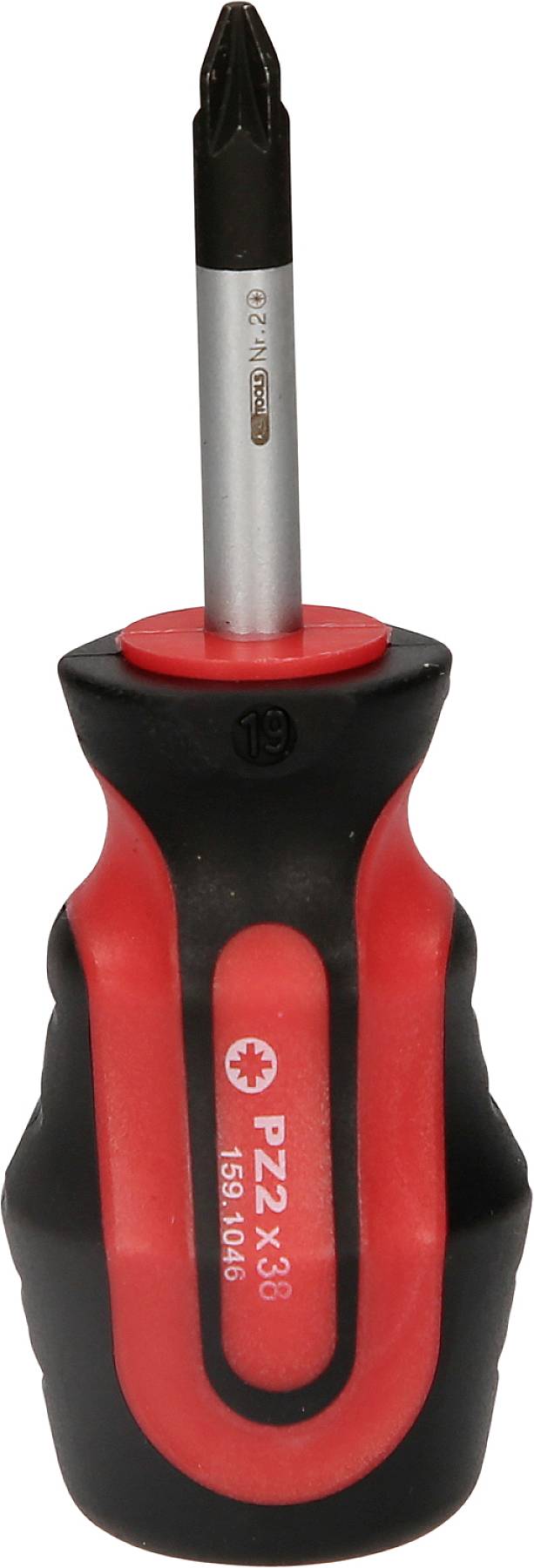 Křížový šroubovák s červeným a černým držadlem, velikost PZ2 x 38mm, stojící vzpřímeně.