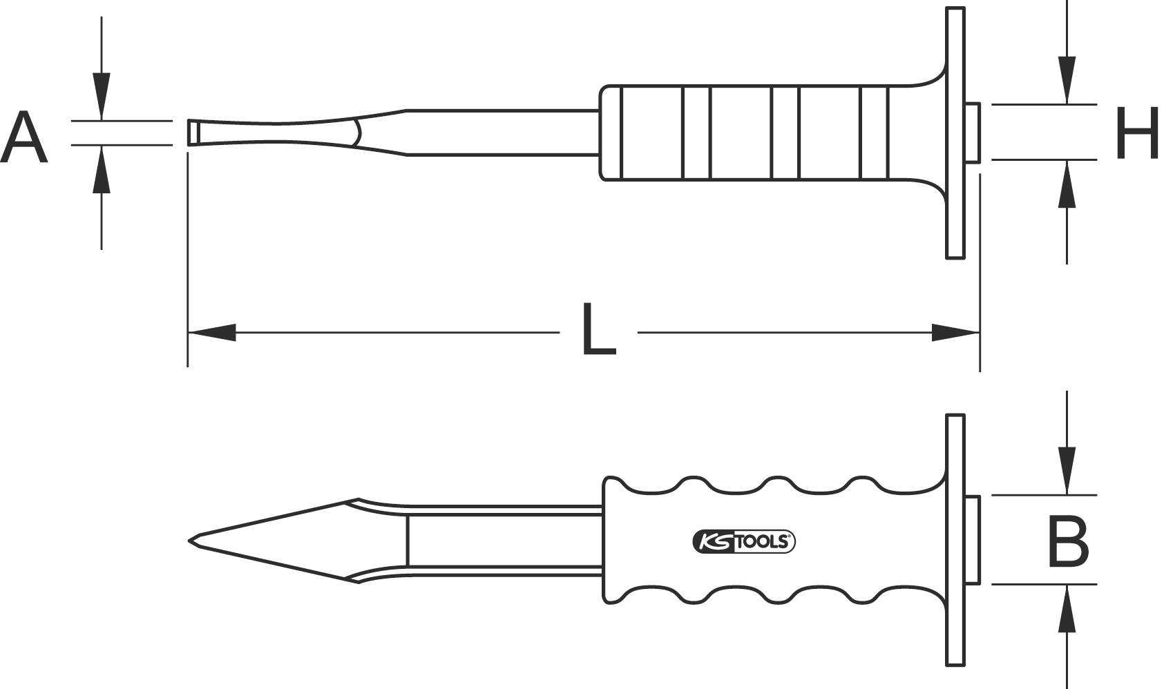 Plochý sekáč s T-rukojetí, rozměry: A (šířka špičky), B (šířka rukojeti), H (výška rukojeti), L (celková délka), zobrazený ve dvou pohledech.