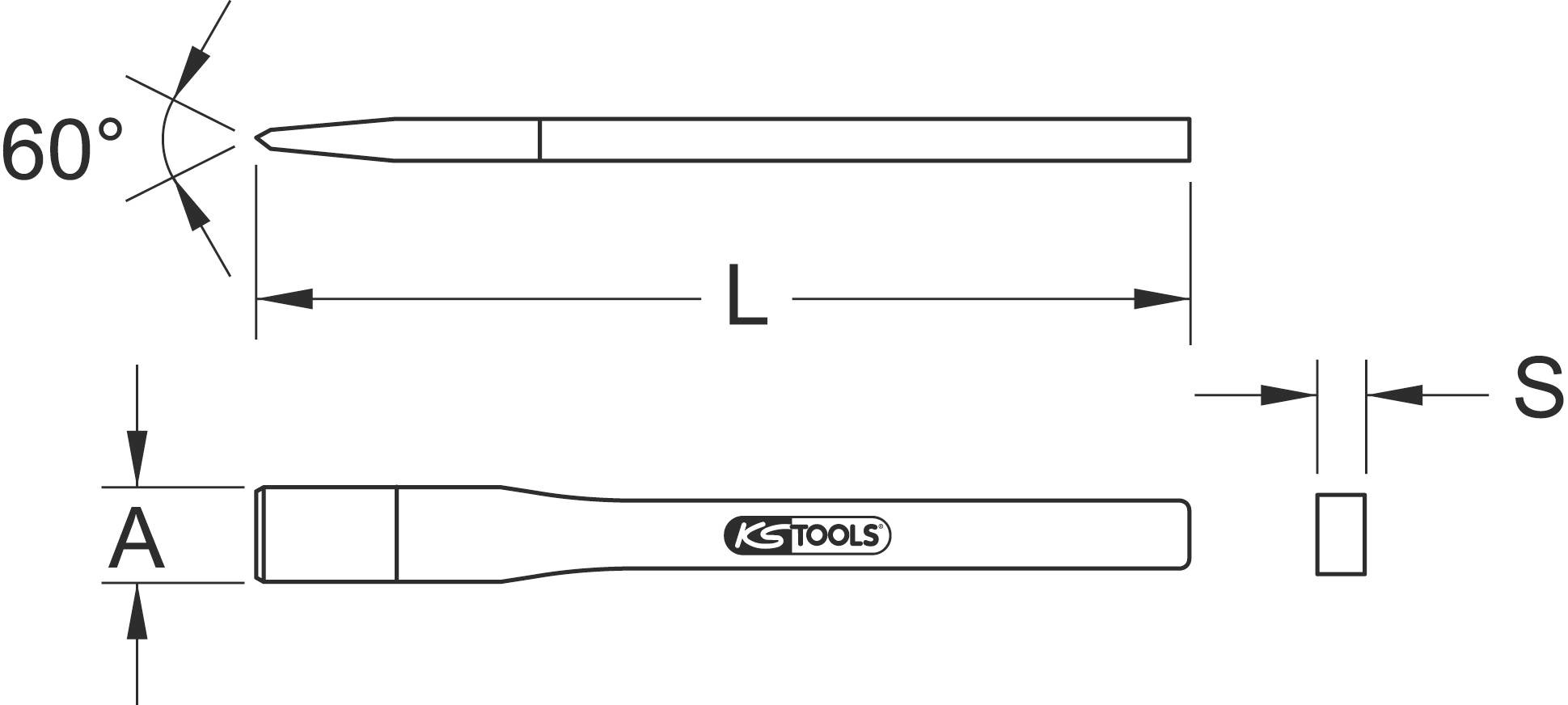 Technický výkres špičatého sekáče s rozměry: 60° špice, délka (L), šířka (S), boční průřez (A), s logem KS Tools.