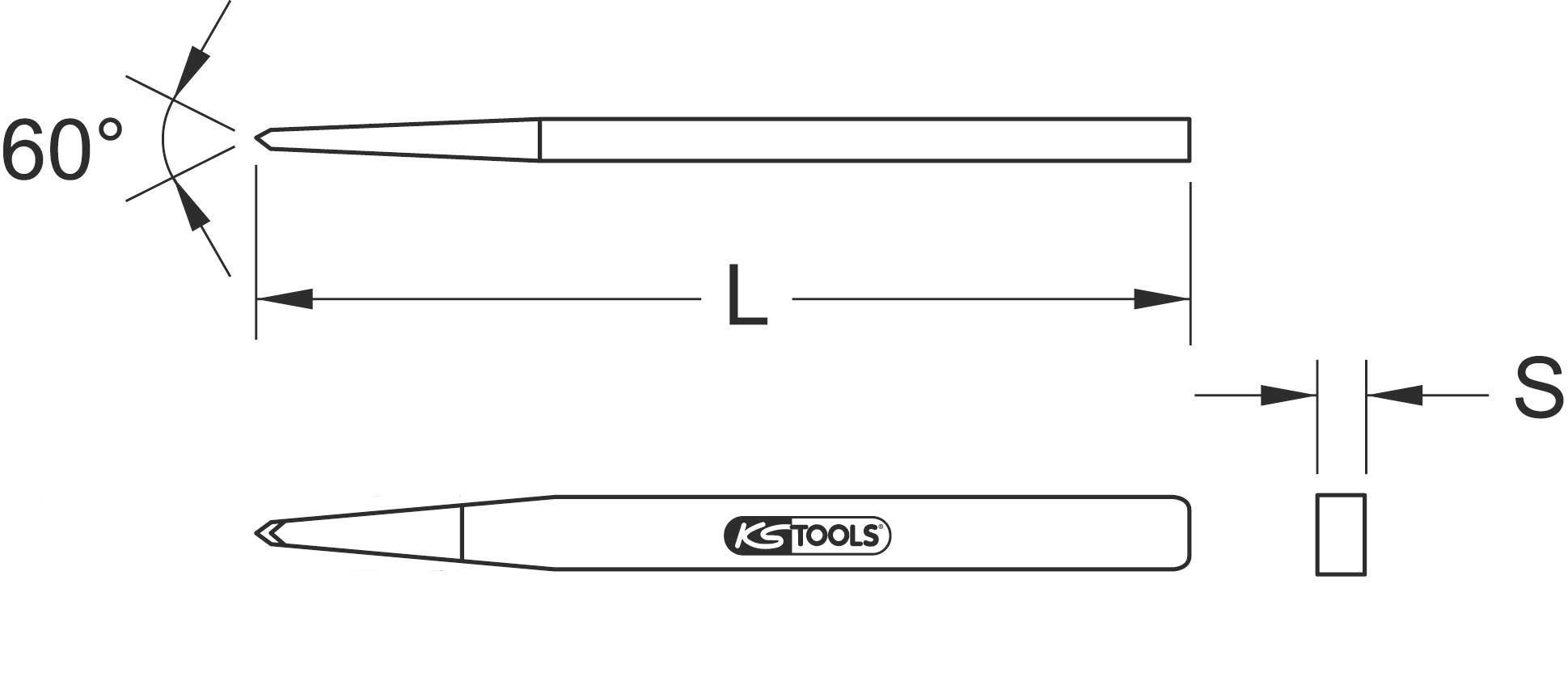 Kresba kužele s úhlem 60°, délkou 'L' a šířkou 'S', označená 'KS TOOLS'.