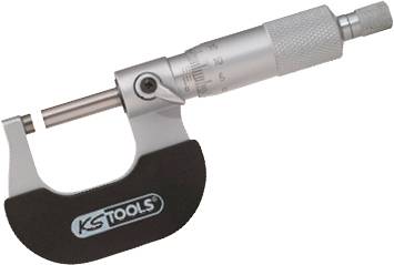 Mikrometr KS Tools v stříbrné barvě určený pro přesné měření malých vzdáleností s kalibrovaným otočným knoflíkem.