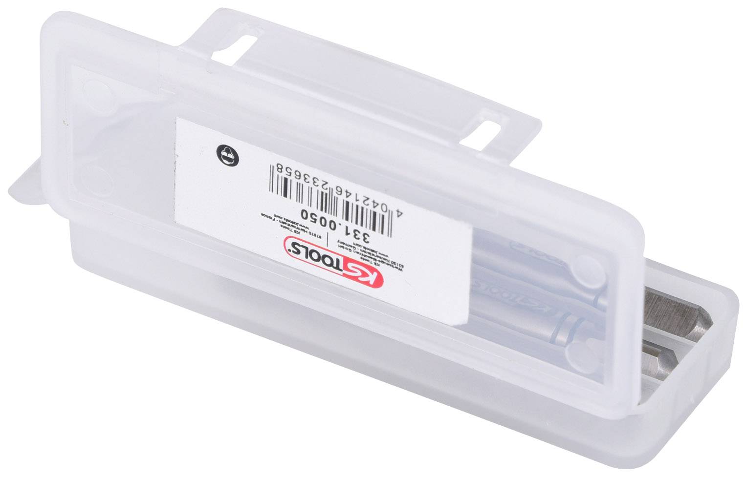 Průhledná plastová krabička s nálepkou výrobce KS Tools obsahuje šroubovákové nástavce.