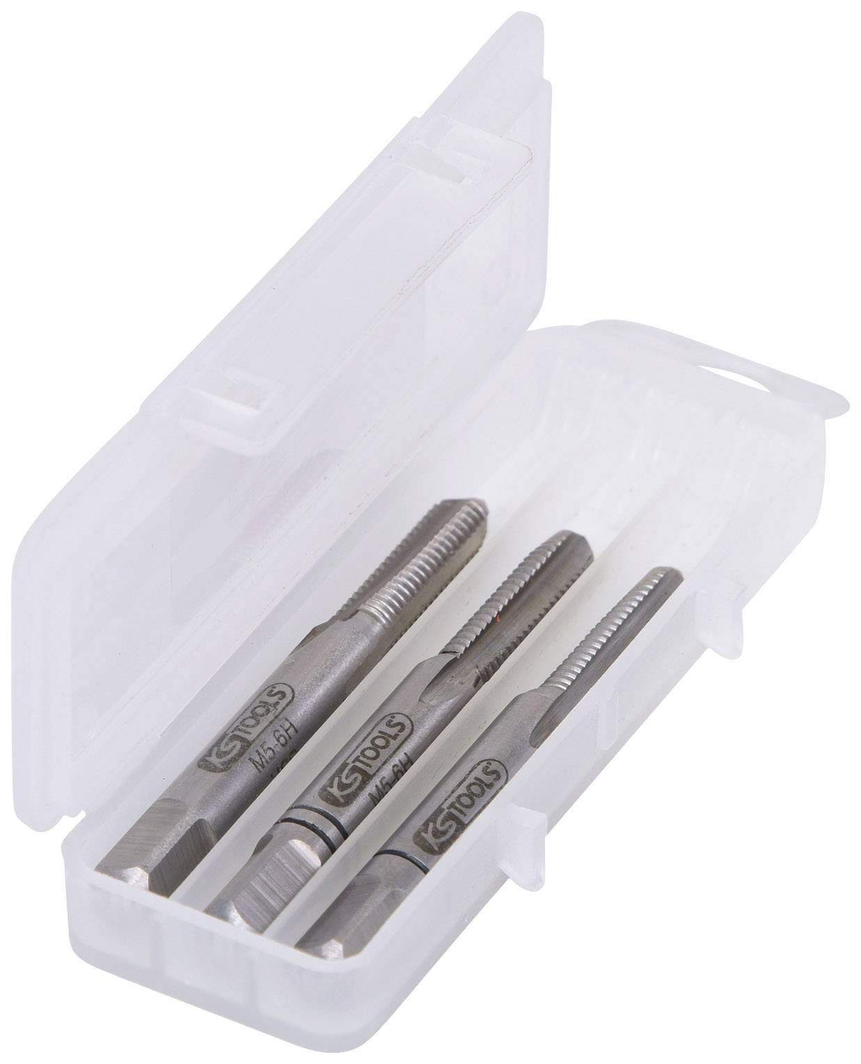 Otevřený plastový box se třemi kovovými závitníky. Každý závitník má ozubenou špičku a je opatřen logem 'KS Tools'.