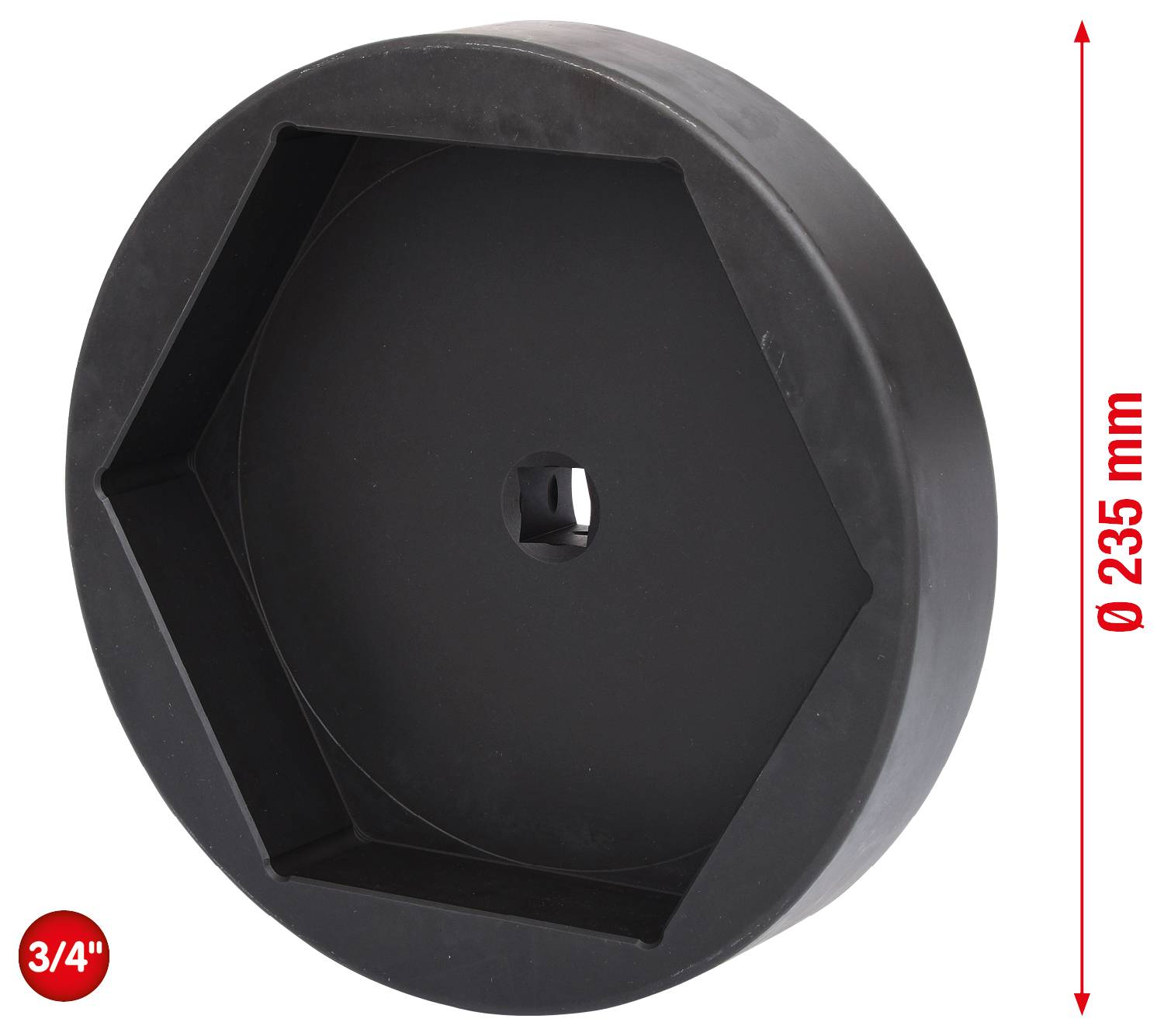 Černý šestihranný kryt s centrálním otvorem, průměr: 235 mm, velikost: 3/4 palce.