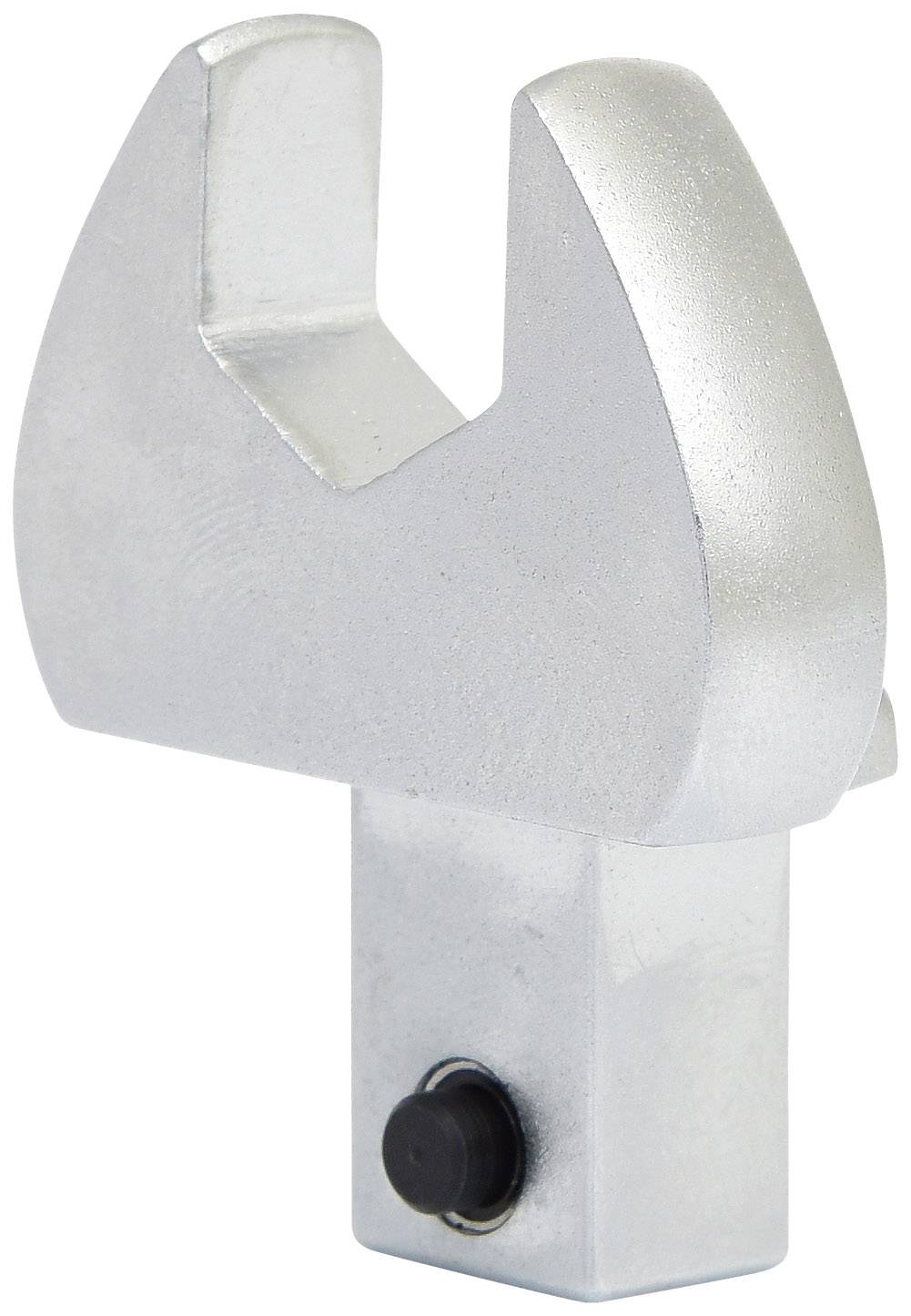 Stříbrná háková konzole s obdélníkovou základnou, pravděpodobně vyrobená z kovu. Má drážku pro zavěšení nebo upevnění.