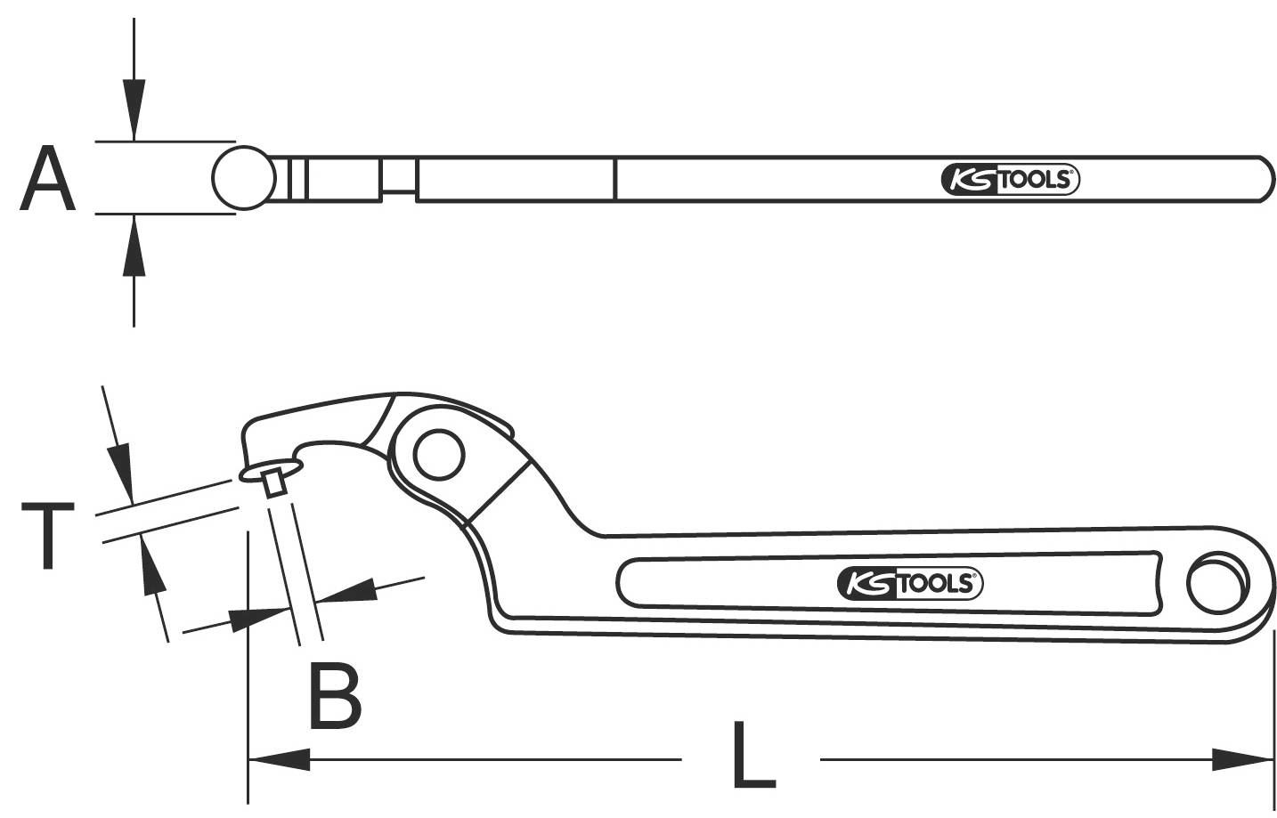Technický výkres nástroje s rozměry A, B, T a L. Nástroj zobrazen od společnosti KS Tools.