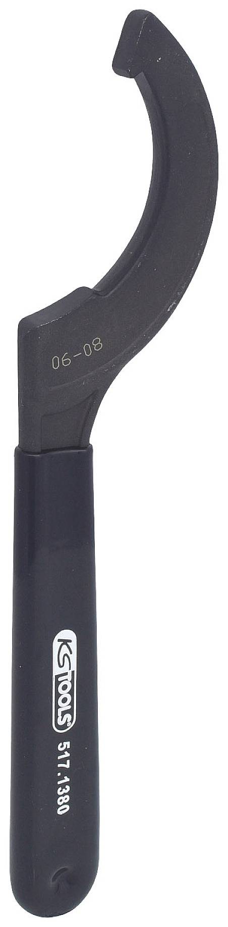 Černý hákový klíč od KS Tools, model 515.4300, s ohnutým profilem určený k uvolňování nebo utahování kulatých šroubových spojů.