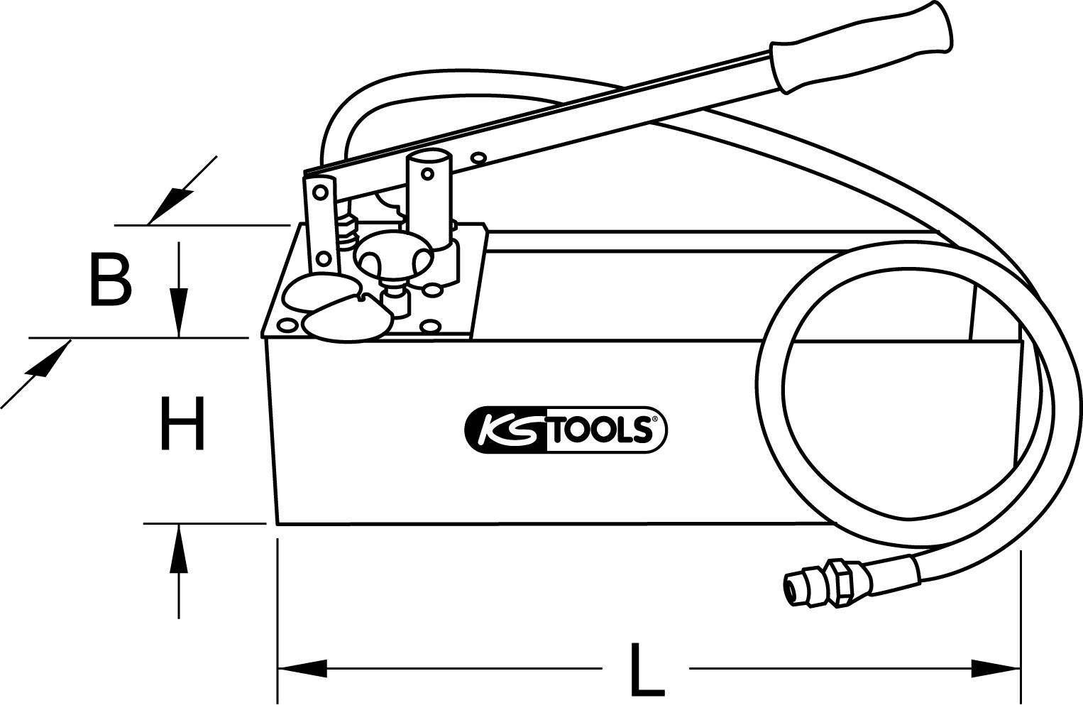 Ruční pumpa s pákou, hadicí a logem KS Tools. Rozměry udány písmeny B, H a L.