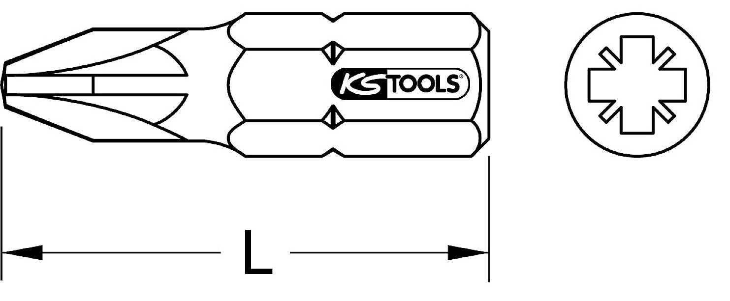 Šroubovací bit s vyznačenou délkou 'L'; křížový drážkový nástavec s logem KS Tools.