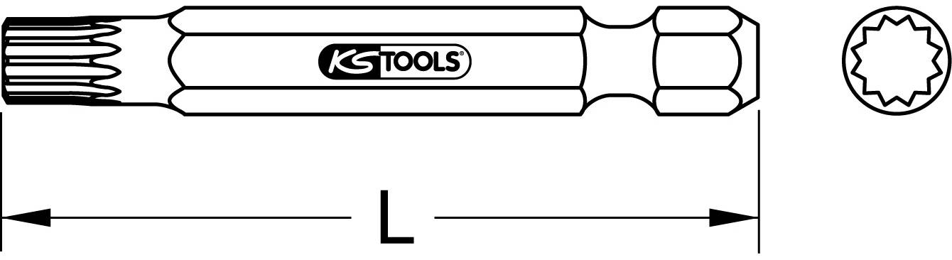Ilustrace nástroje s víceosým dříkem a logem KS Tools, doplněná délkovou značkou 'L' a pohledem zepředu na hlavu nástroje.