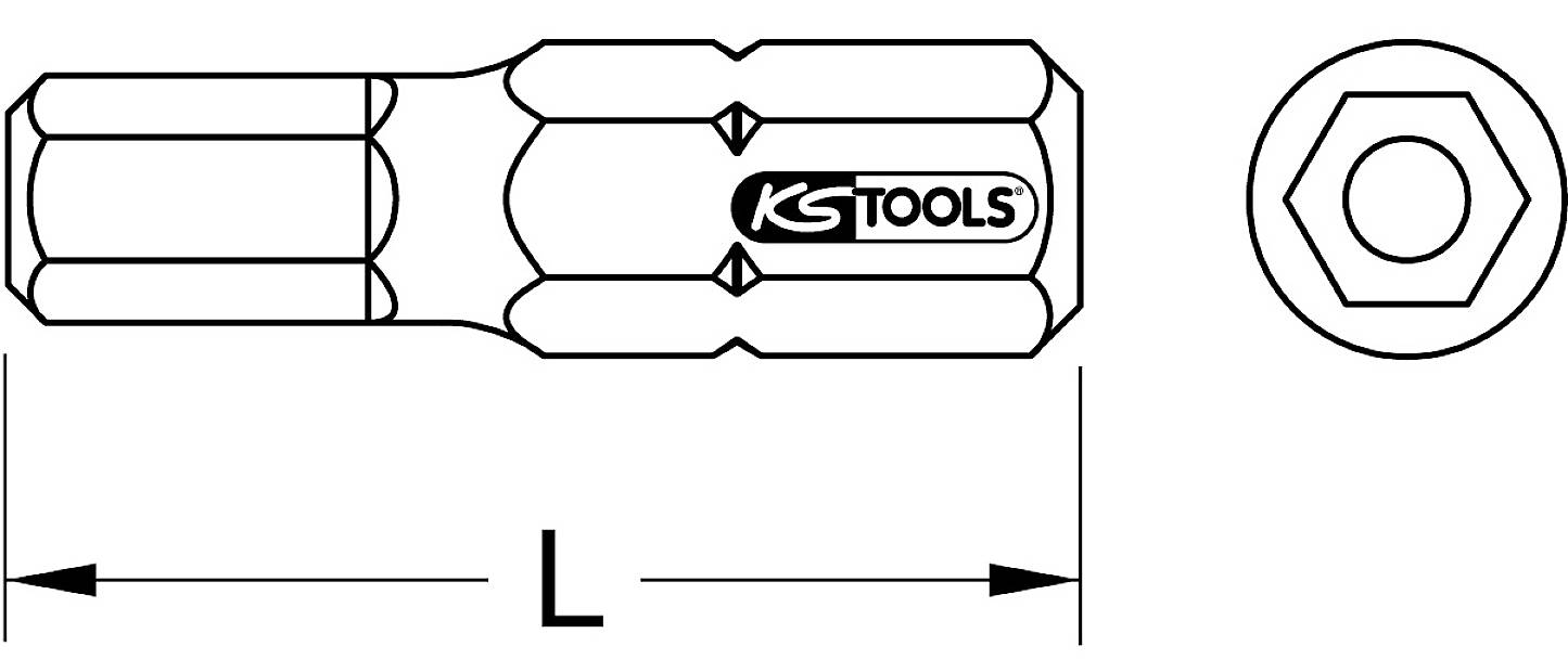 Technický výkres šestihranného šroubovákového bitu s délkovým rozměrem a bočním hexagonálním pohledem, označený 'KS Tools'.