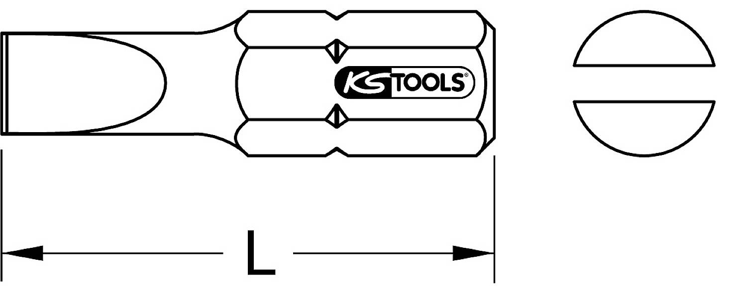 Šroubovák 'KS Tools' s plochým hrotem, s uvedením délky 'L'; zobrazen z bočního pohledu a pohledu na hrot.