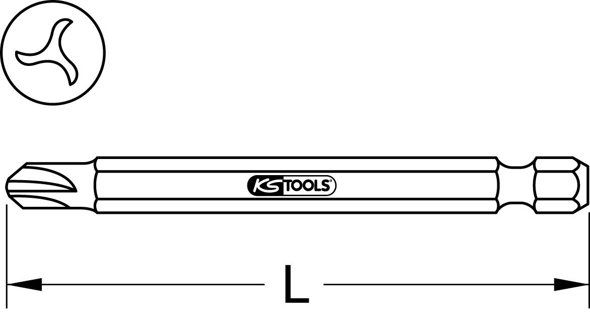 Nástroj KS Tools s bitem, zobrazuje oboustranný bit s hlavou Pozidriv a šestihrannou. Délka 'L' je uvedena. Firemní logo je viditelné.