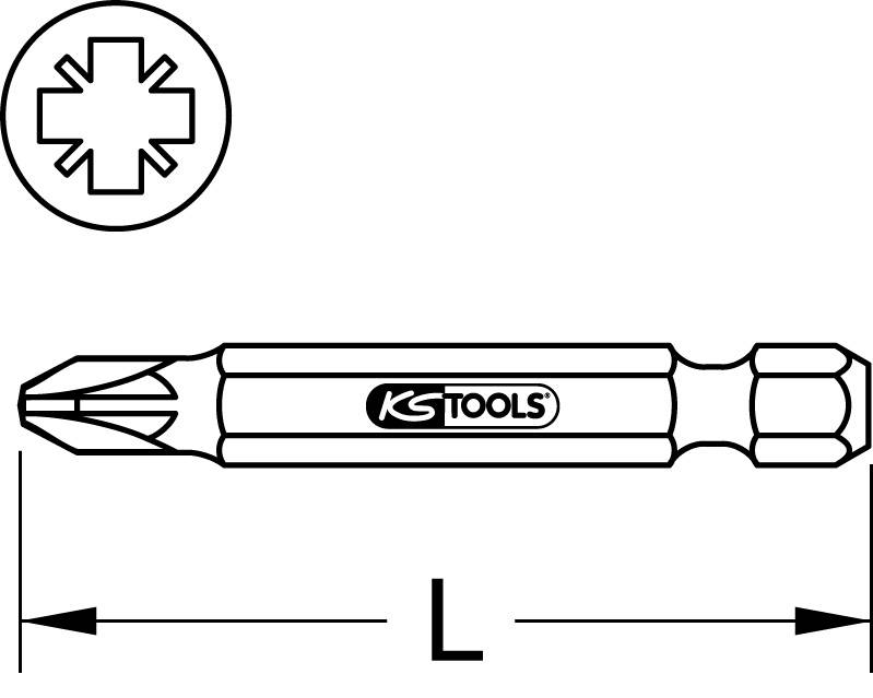 Oboustranný bit s křížovým výběhem, označený logem 'KS Tools'. Zobrazuje délkový rozměr 'L'.