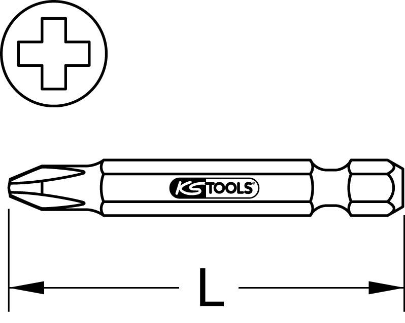 Bit křížového šroubováku 'KS Tools'. Nahoře symbol křížového šroubováku. Uprostřed název produktu. Šipky ukazují délku.