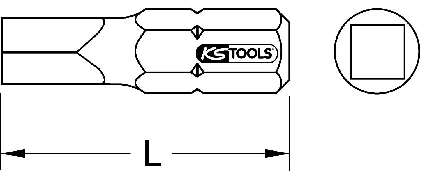 Diagram šroubového bitu od KS Tools s vyznačením délky 'L' a bočním pohledem na čtyřhranný profil.