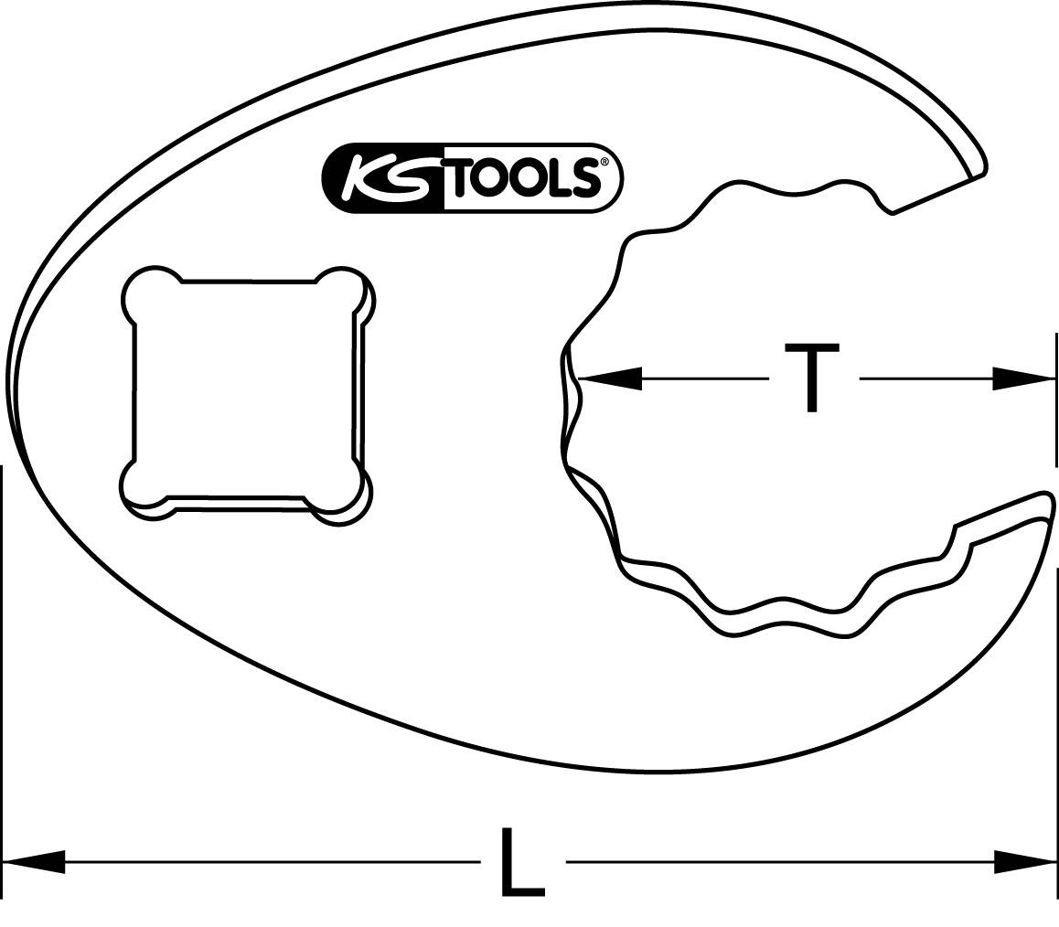 Technický výkres nástroje s kótami. Oválný tvar se dvěma otvory: jeden čtvercový a druhý zvlněný kulatý. Nápis 'KS TOOLS'.