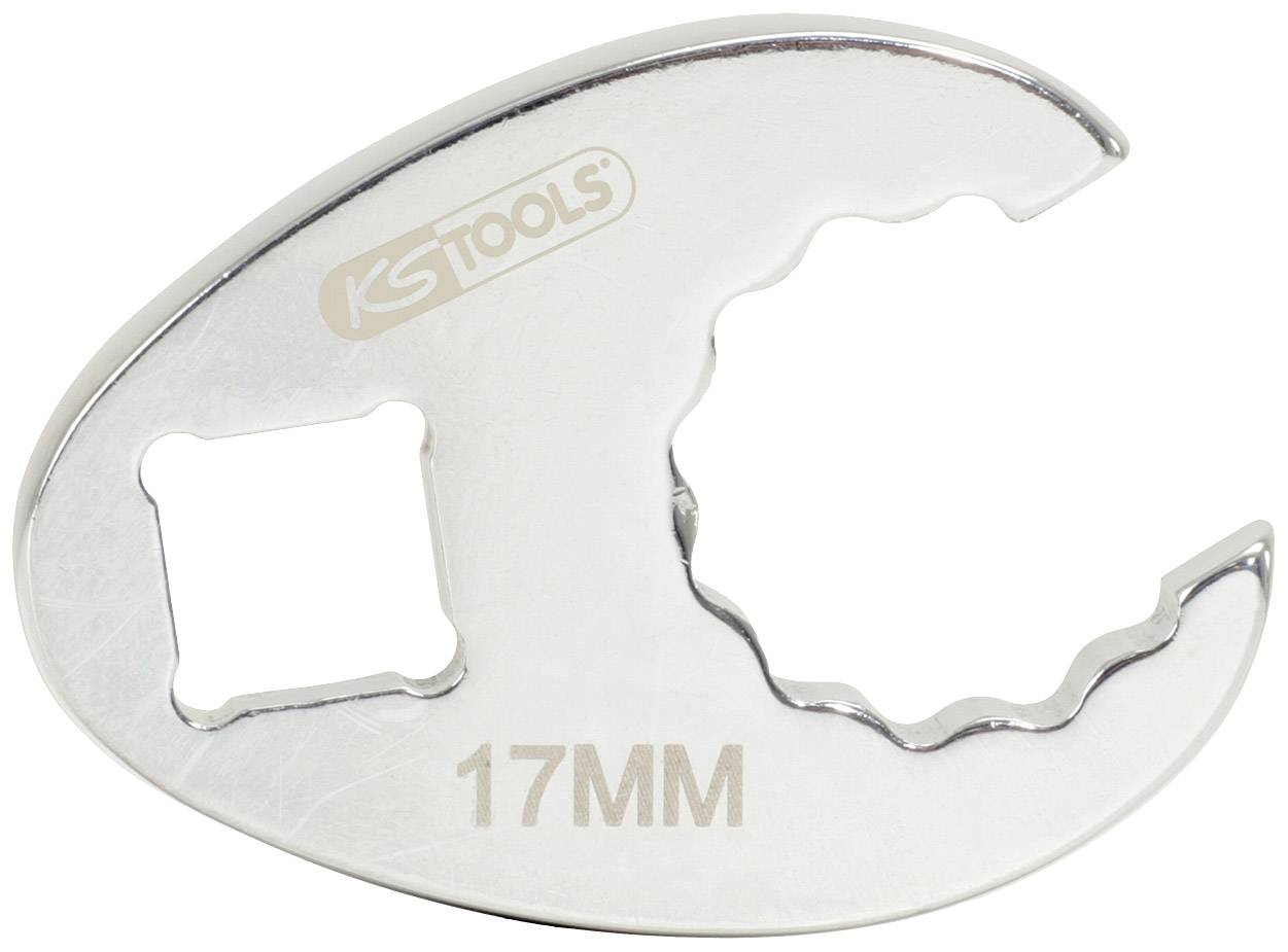 Stříbrný, půlměsícovitý nástavec nástroje s otevřenou 17mm čelistí a čtyřhranným otvorem pro nástrčný klíč.