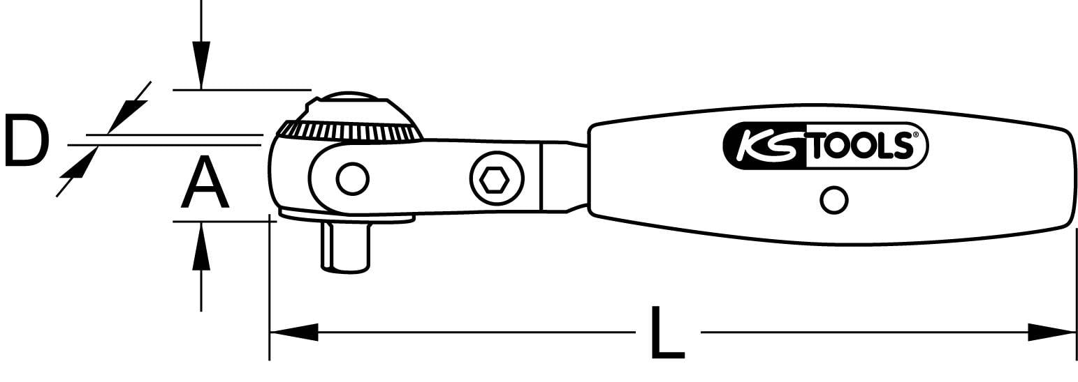Ilustrace ráčnového klíče s vyznačením délky 'L', ozubeného dílu 'A' a hloubky 'D'. Značení obsahuje logo 'KS Tools'.