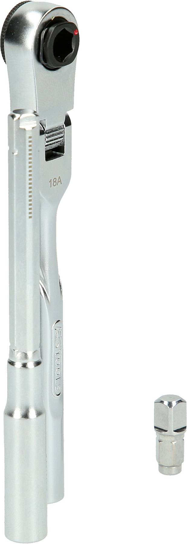 Stříbrný momentový klíč s odděleně zobrazeným příslušenstvím, vhodný pro přesné utahování šroubů.