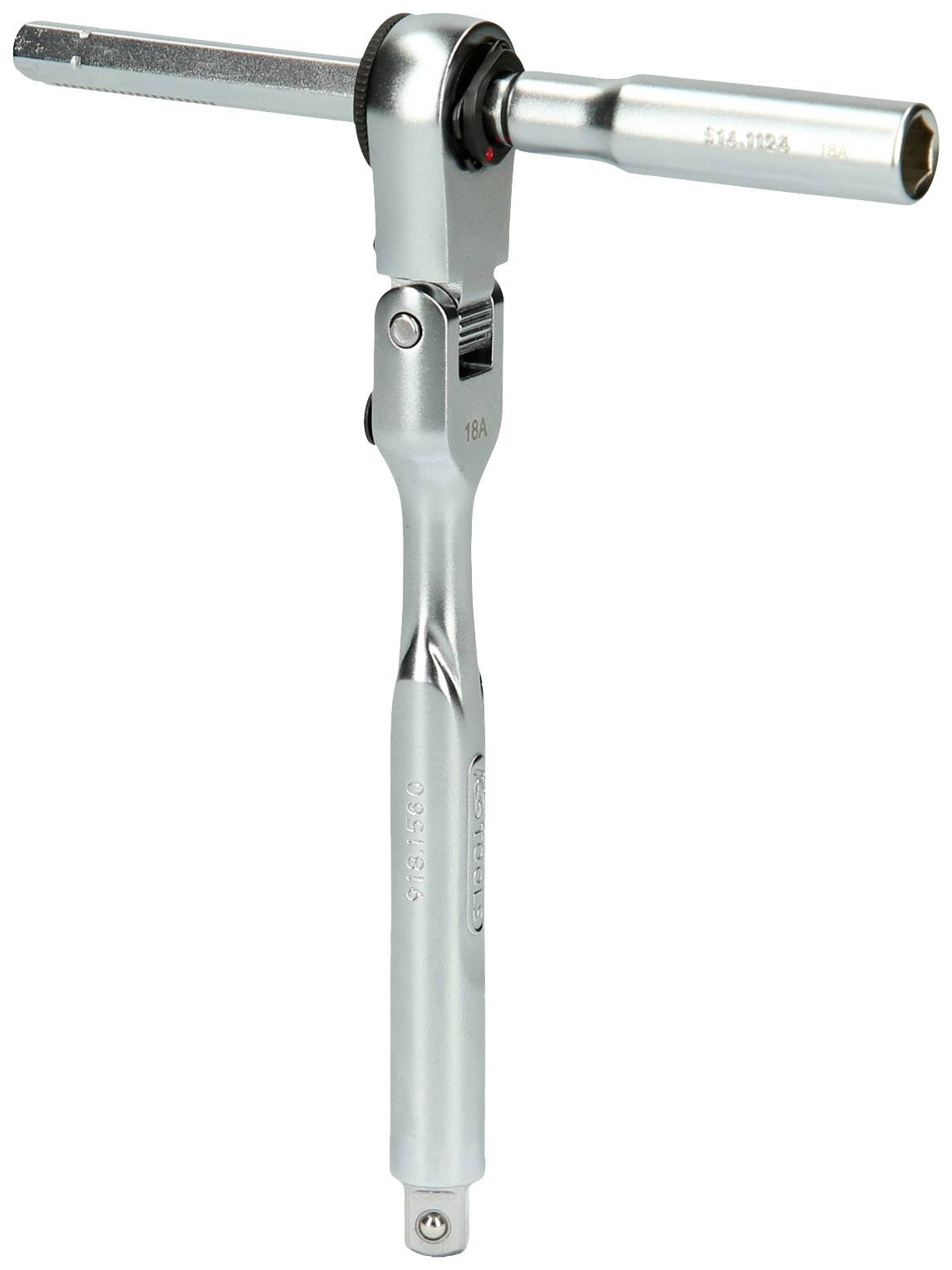 Stříbrný ráčnový klíč s výměnnou nástavcem. Vhodný pro práci v úzkých prostorech a všestranně použitelný.