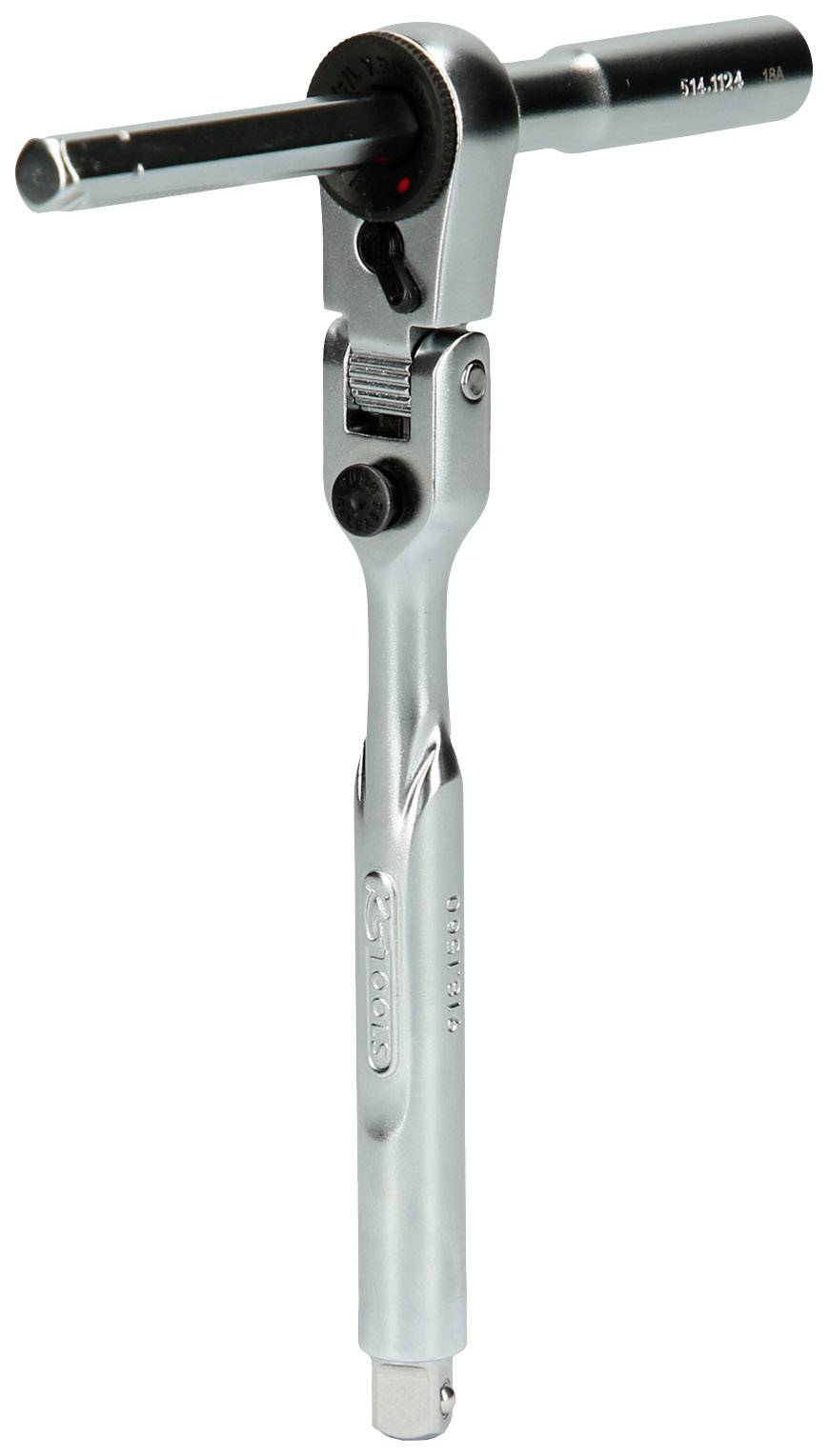 Nastavitelný ráčnový klíč s T-rukojetí, stříbrno-černé barvy, vhodný pro snadné utahování nebo povolování šroubů.