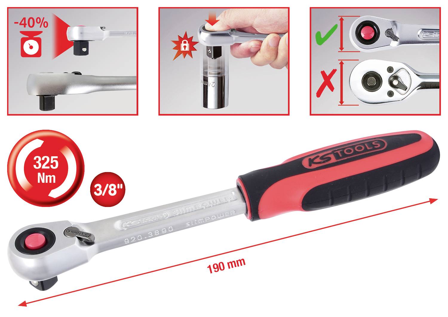 Ráčnový klíč s ergonomickou rukojetí a 3/8palcovou hlavicí. Maximální točivý moment: 325 Nm. Délka: 190 mm. Obsahuje pokyny k použití s obrázky.