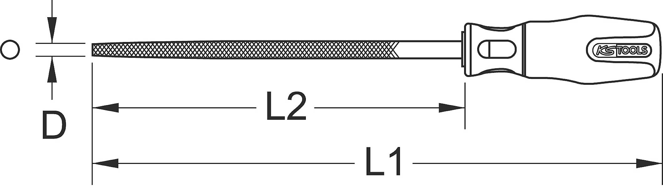 Schéma pilníku s rukojetí. Popisy ukazují: Celková délka 'L1', délka čepele 'L2', průměr 'D'.