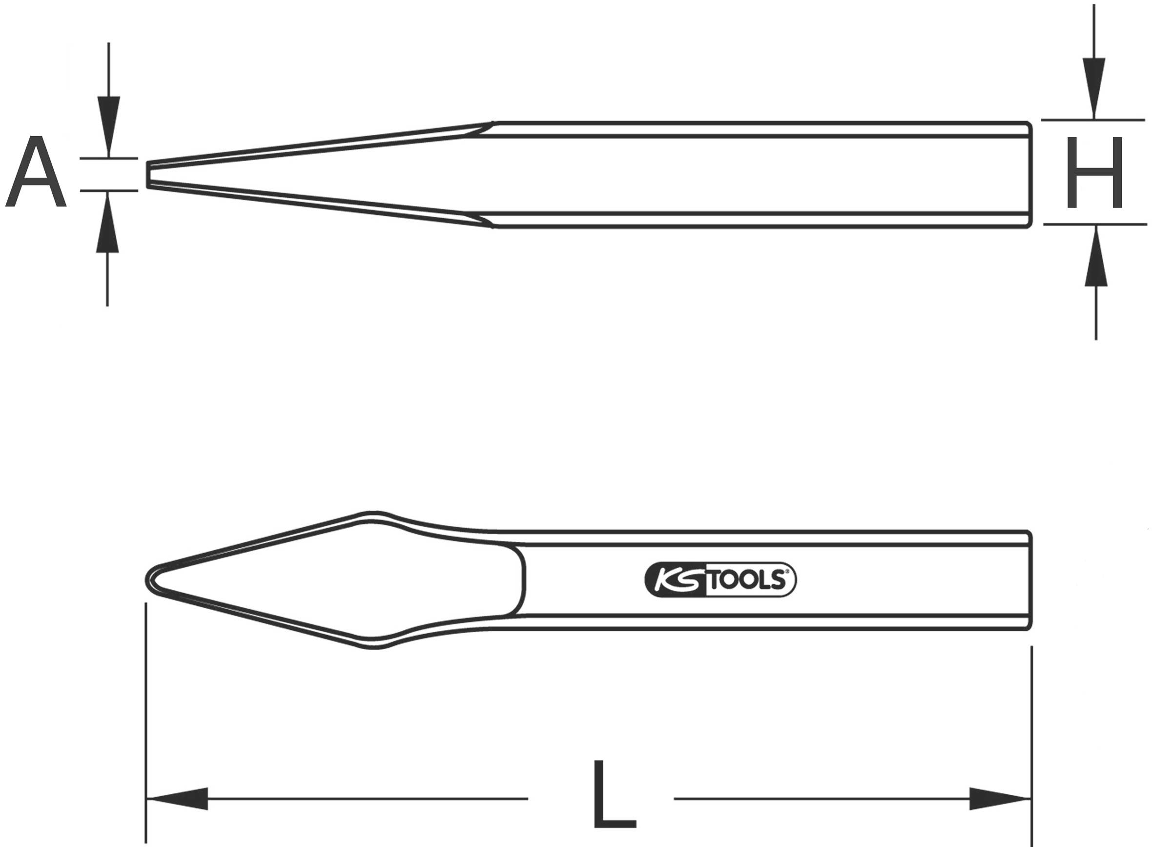 Náčrt dláta s rozměry: délka (L), špička (A) a tloušťka (H). Obsahuje logo 'KS TOOLS'.