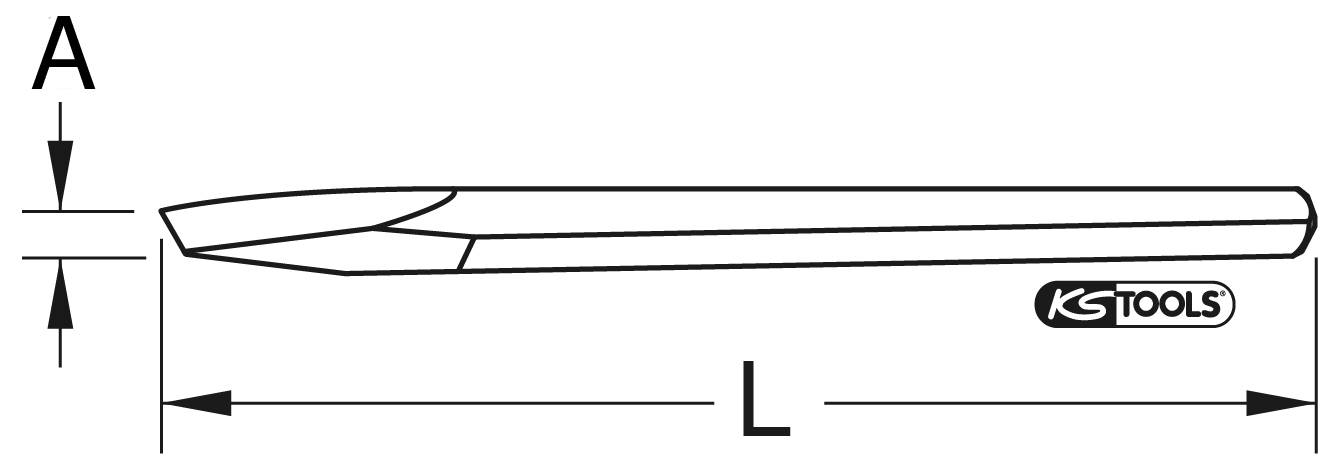 Nárysná kresba plochého sekáče s vyznačením 'A' pro výšku a 'L' pro délku. Logo společnosti 'KS TOOLS' je viditelné.