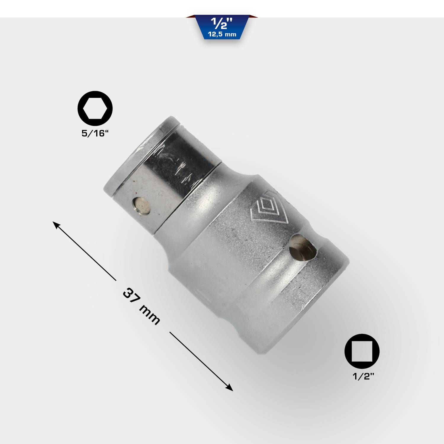 Obrázek 37mm adaptéru na nástrčné hlavice. Značky ukazují 1/2palcové a 5/16palcové připojovací otvory.