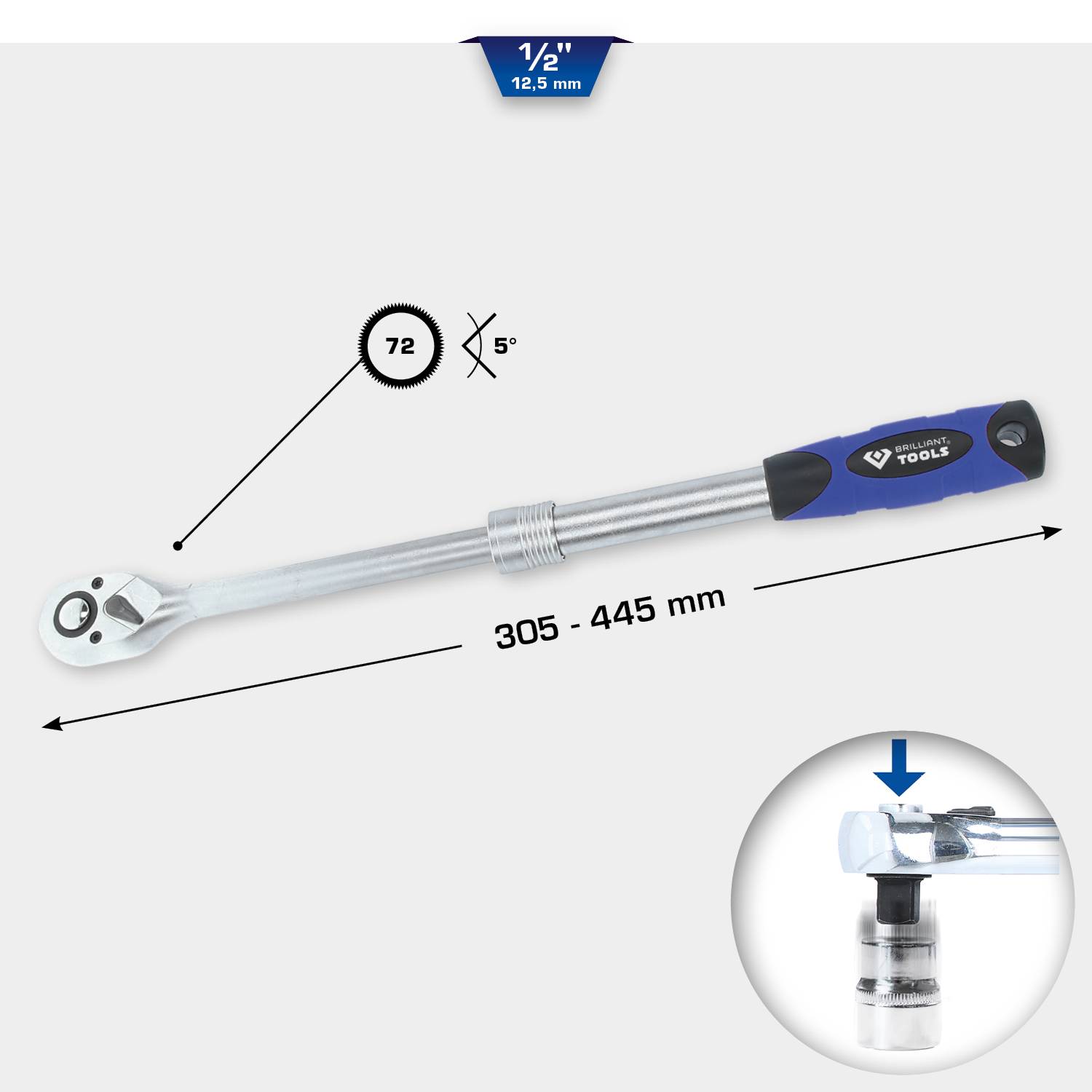 Momentový klíč s prodlužovacím držadlem, 72 zubů, délka 305-445 mm, upínací čep 1/2" (12,5 mm). Rozšiřovací mechanismus zvětšuje pákou vyvinutou sílu.