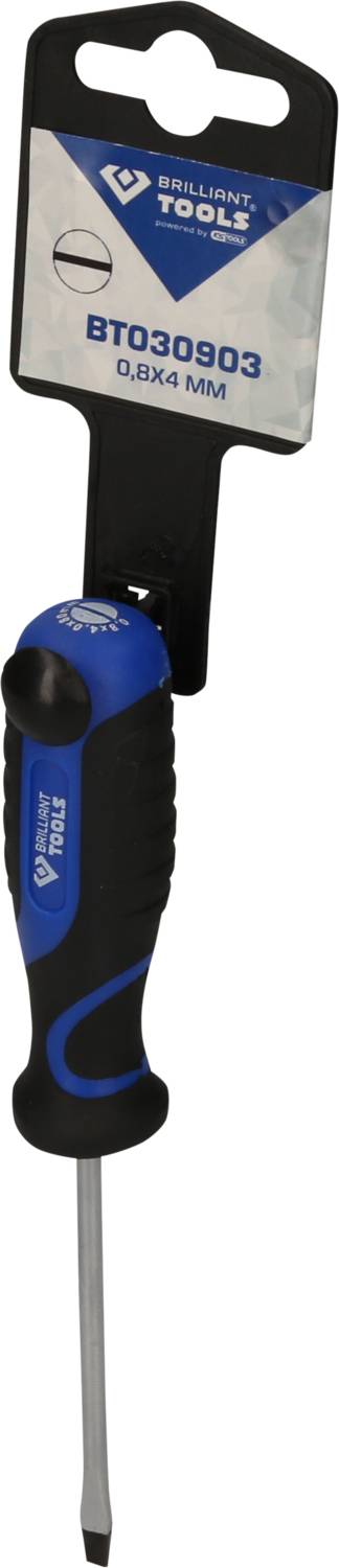 Modrý a černý plochý šroubovák značky Brilliant Tools, velikost 0,8x4 mm, připevněný na produktovém štítku.