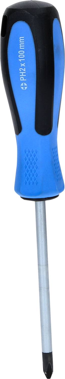 Křížový šroubovák s modrým ergonomickým držadlem, 0 PH2 x 100 mm. Vhodný pro uvolňování nebo upevňování šroubů.